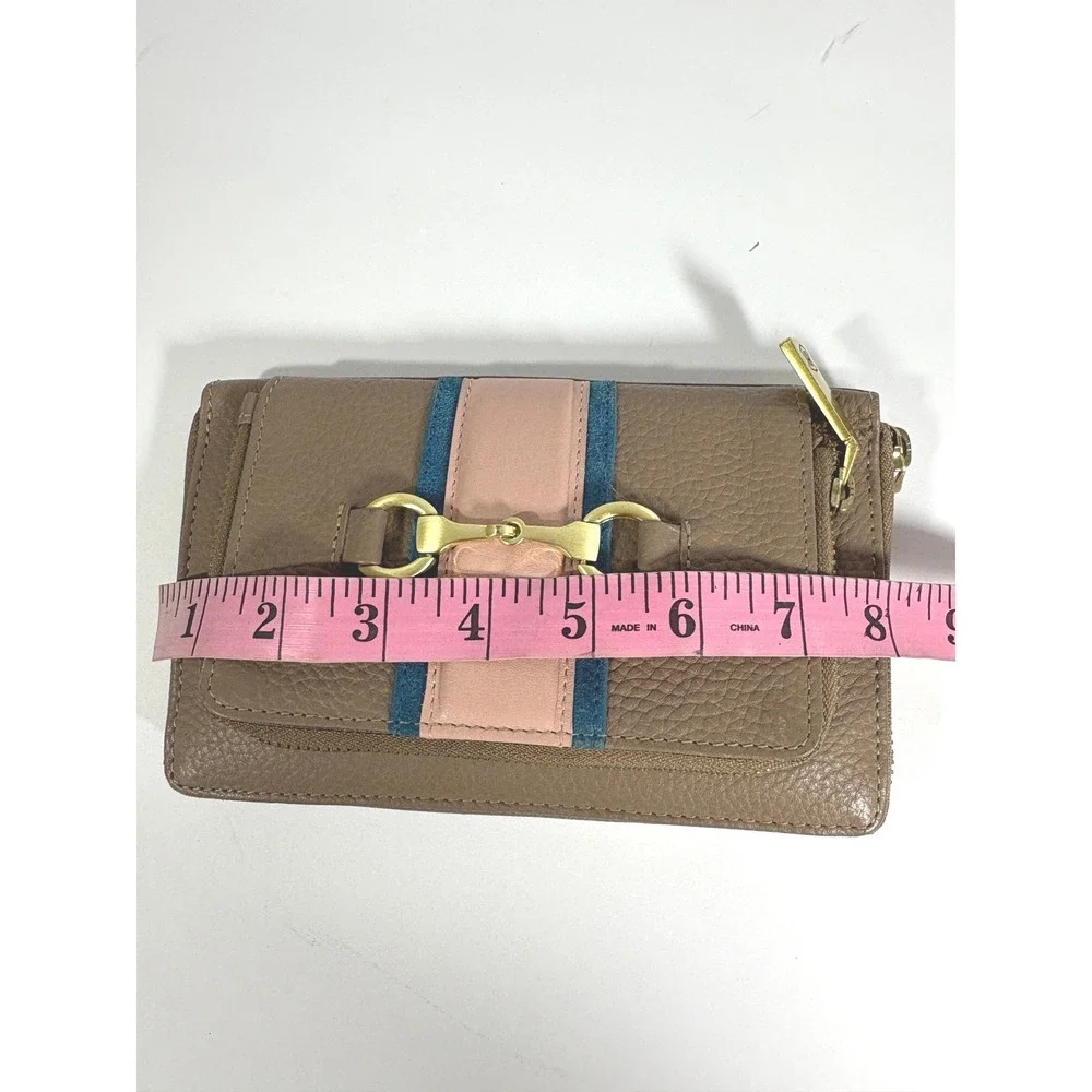 J.W. Hulme Co. Brown Pebbled Leather Horsebit Zip Around Wallet Pink Blue Stripe